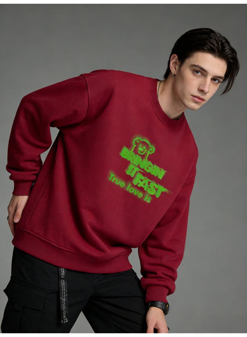 BM INS Burgundy "BRINGIN IT FAST" Neon Green Graffiti Oversized Crew Neck Sweatshirt | Unisex Pullover With "True love is" Slogan - Image 1
